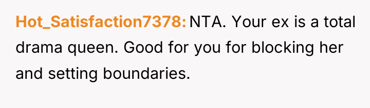 Hot_Satisfaction7378 NTA. Your ex is a total drama queen. Good...
