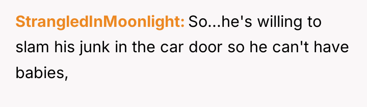StrangledInMoonlight So...he's willing to slam his junk in the car...