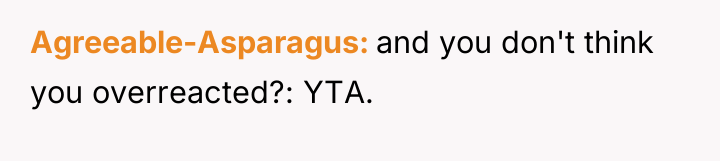 Agreeable-Asparagus and you don't think you overreacted?: YTA.