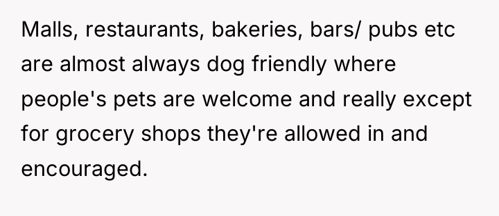 Malls, restaurants, bakeries, bars/ pubs etc are almost always dog...