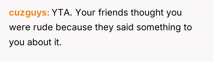 cuzguys YTA. Your friends thought you were rude because they...