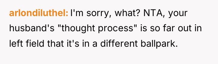 arlondiluthel I'm sorry, what? NTA, your husband's "thought process" is...