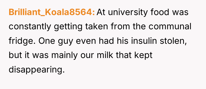 Brilliant_Koala8564 At university food was constantly getting taken from the...