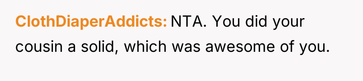 ClothDiaperAddicts NTA. You did your cousin a solid, which was...