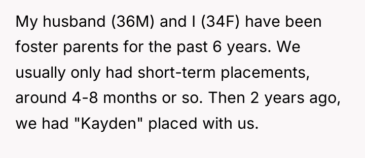 My husband (36M) and I (34F) have been foster parents...
