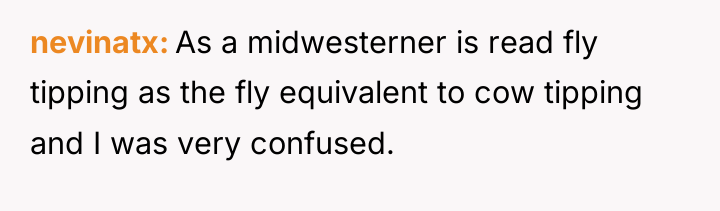 nevinatx As a midwesterner is read fly tipping as the...