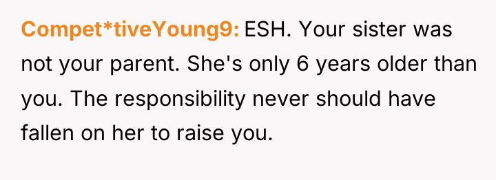 Compet*tiveYoung9 ESH. Your sister was not your parent. She's only...