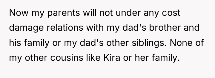 Now my parents will not under any cost damage relations...