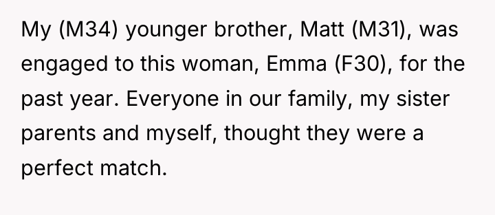 My (M34) younger brother, Matt (M31), was engaged to this...