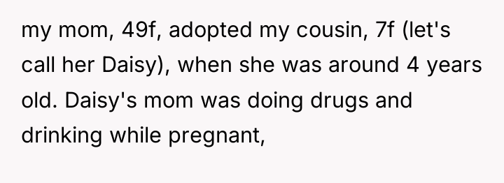 my mom, 49f, adopted my cousin, 7f (let's call her...
