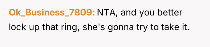 Ok_Business_7809 NTA, and you better lock up that ring, she's...