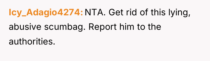 Icy_Adagio4274 NTA. Get rid of this lying, abusive scumbag. Report...