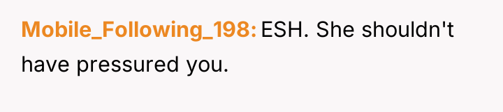Mobile_Following_198 ESH. She shouldn't have pressured you.