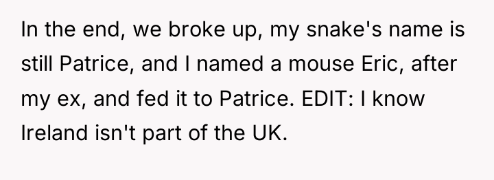 In the end, we broke up, my snake's name is...