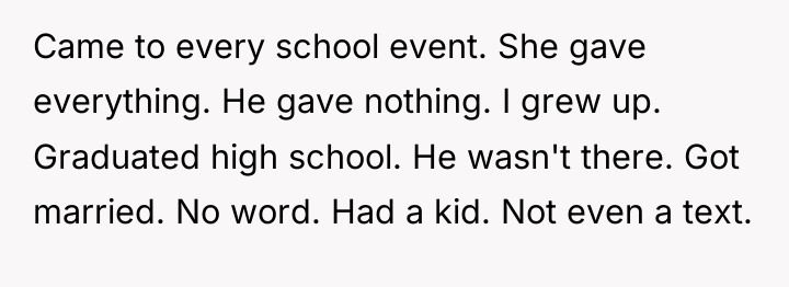 Came to every school event. She gave everything. He gave...