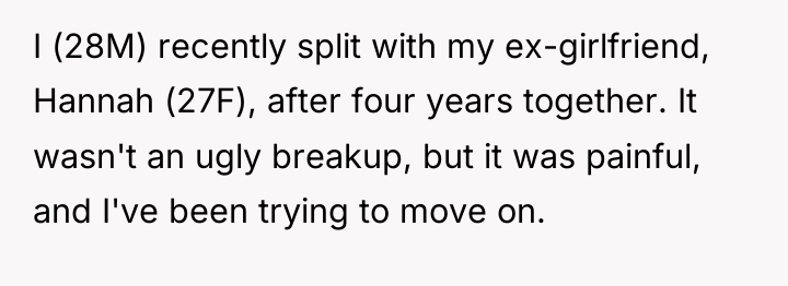 I (28M) recently split with my ex-girlfriend, Hannah (27F), after...