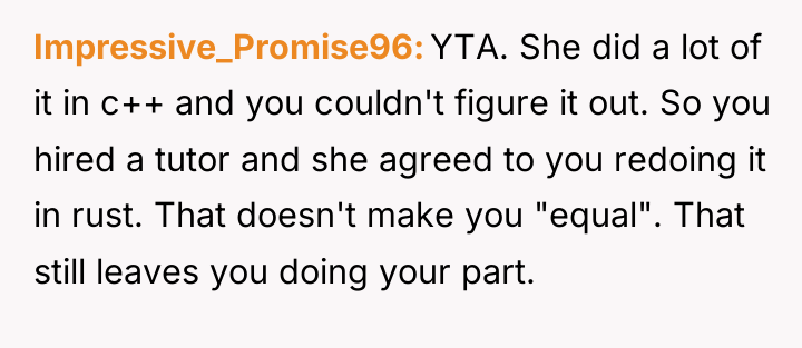 Impressive_Promise96 YTA. She did a lot of it in c++...