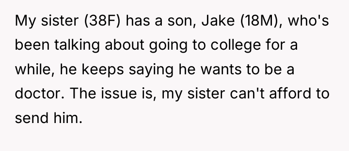 My sister (38F) has a son, Jake (18M), who's been...