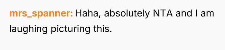 mrs_spanner Haha, absolutely NTA and I am laughing picturing this.