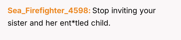 Sea_Firefighter_4598 Stop inviting your sister and her ent*tled child.