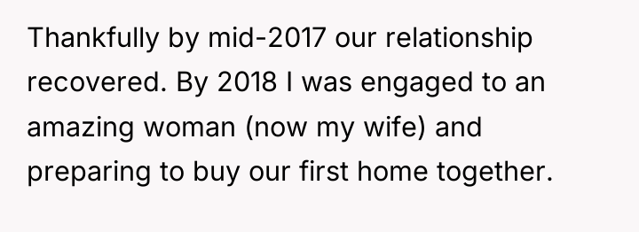 Thankfully by mid-2017 our relationship recovered. By 2018 I was...
