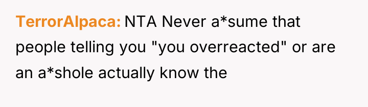 TerrorAlpaca NTA Never a*sume that people telling you "you overreacted"...