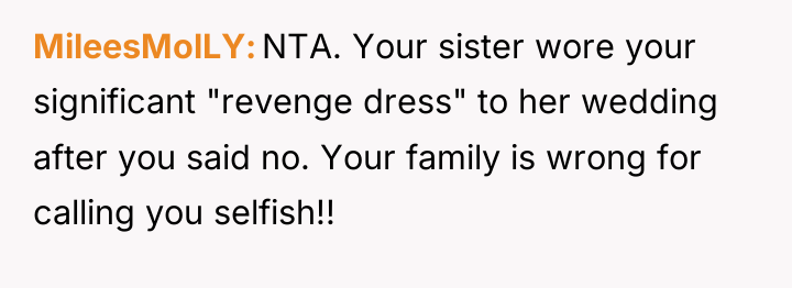 MileesMolLY NTA. Your sister wore your significant "revenge dress" to...