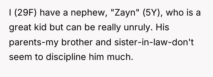 I (29F) have a nephew, "Zayn" (5Y), who is a...