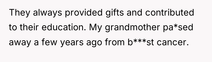 They always provided gifts and contributed to their education. My...