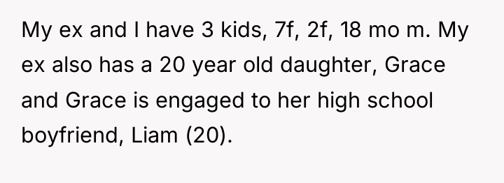 My ex and I have 3 kids, 7f, 2f, 18...