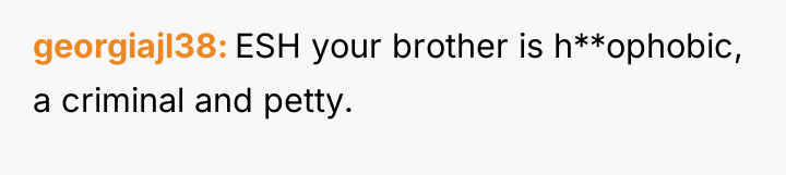 georgiajl38 ESH your brother is h**ophobic, a criminal and petty.