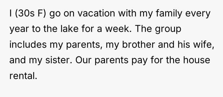 I (30s F) go on vacation with my family every...