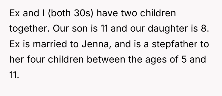 Ex and I (both 30s) have two children together. Our...