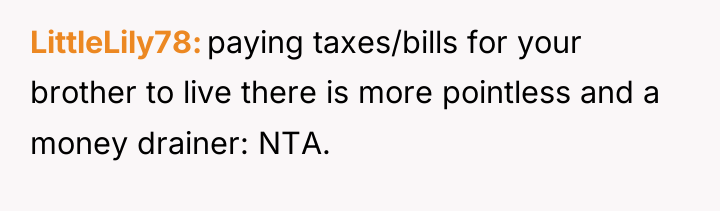 LittleLily78 paying taxes/bills for your brother to live there is...