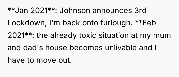 **Jan 2021**: Johnson announces 3rd Lockdown, I'm back onto furlough....
