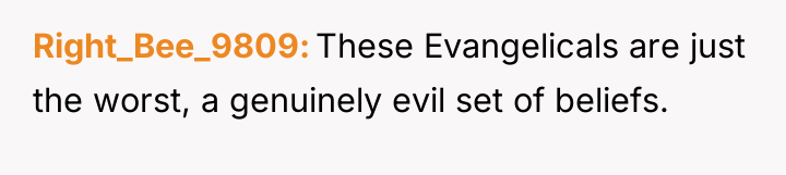 Right_Bee_9809 These Evangelicals are just the worst, a genuinely evil...