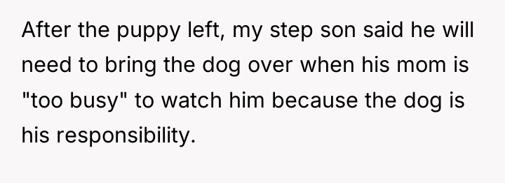 After the puppy left, my step son said he will...