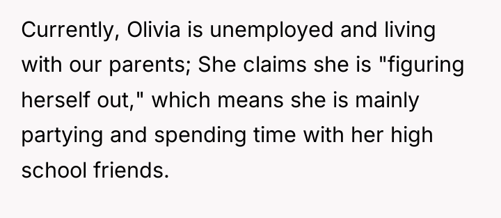Currently, Olivia is unemployed and living with our parents; She...