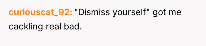 curiouscat_92 "Dismiss yourself" got me cackling real bad.
