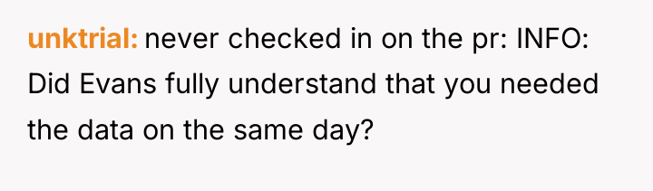 unktrial never checked in on the pr: INFO: Did Evans...