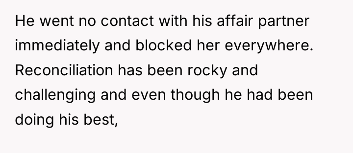 He went no contact with his affair partner immediately and...