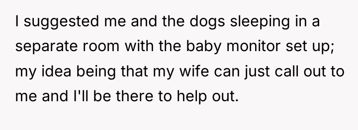 I suggested me and the dogs sleeping in a separate...