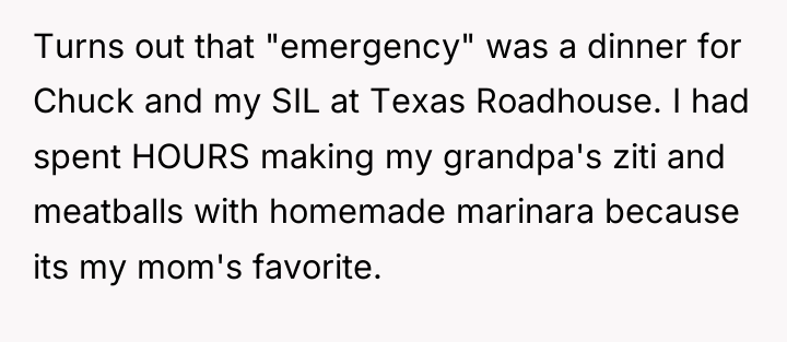 Turns out that "emergency" was a dinner for Chuck and...