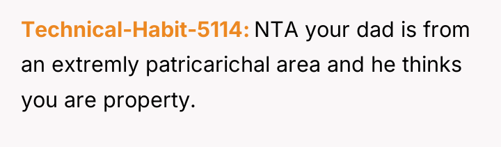 Technical-Habit-5114 NTA your dad is from an extremly patricarichal area...