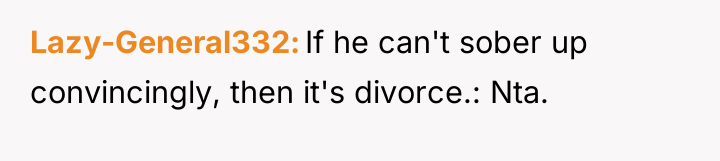 Lazy-General332 If he can't sober up convincingly, then it's divorce.:...