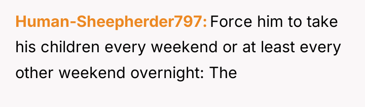 Human-Sheepherder797 Force him to take his children every weekend or...