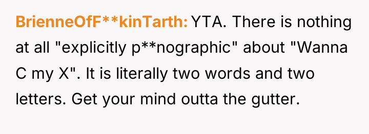 BrienneOfF**kinTarth YTA. There is nothing at all "explicitly p**nographic" about...
