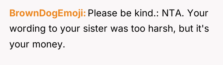 BrownDogEmoji Please be kind.: NTA. Your wording to your sister...