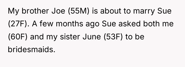 My brother Joe (55M) is about to marry Sue (27F)....