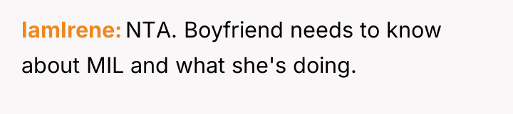 IamIrene NTA. Boyfriend needs to know about MIL and what...